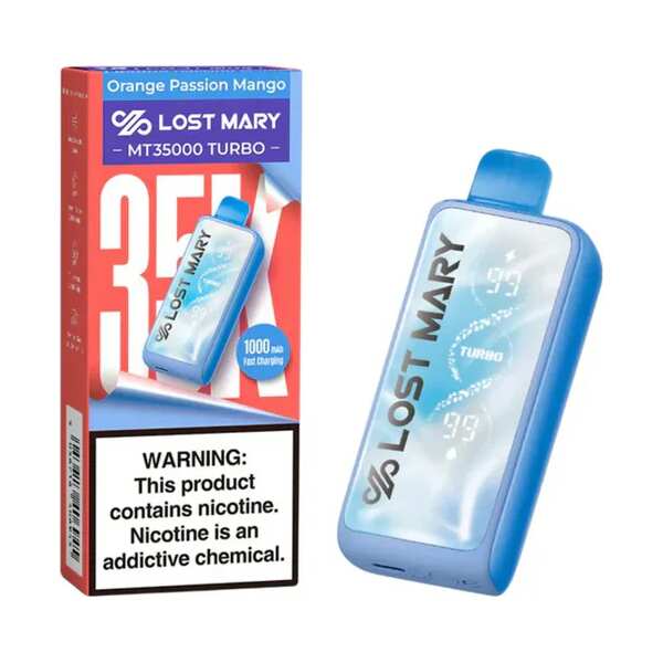 A 18ml Orange Passion Mango Lost Mary MT35000 Turbo disposable vape 35000 puffs tropical fruit fusion flavor by Vape4Less.