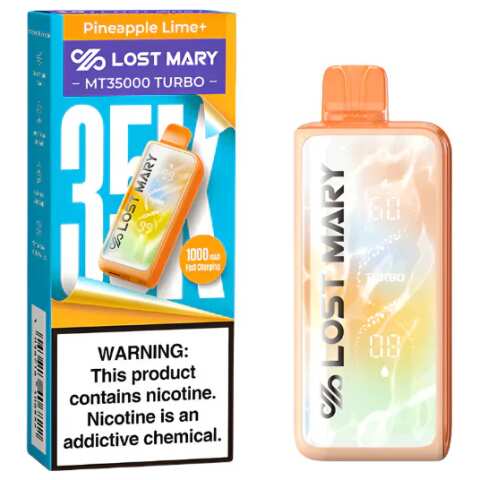 A 18ml Pineapple Lime Lost Mary MT35000 Turbo disposable vape 35000 puffs sweet tart citrus tropical flavor by Vape4Less.