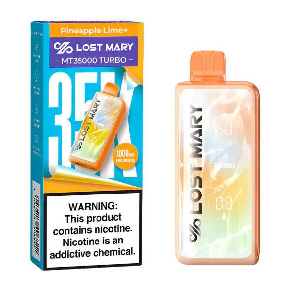 A 18ml Pineapple Lime Lost Mary MT35000 Turbo disposable vape 35000 puffs sweet tart citrus tropical flavor by Vape4Less.