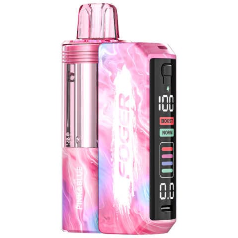 A Pink & Blue Foger Switch Pro Kit 30K disposable vape with cotton candy and blue raspberry artwork on a pastel background. by Vape4Less.