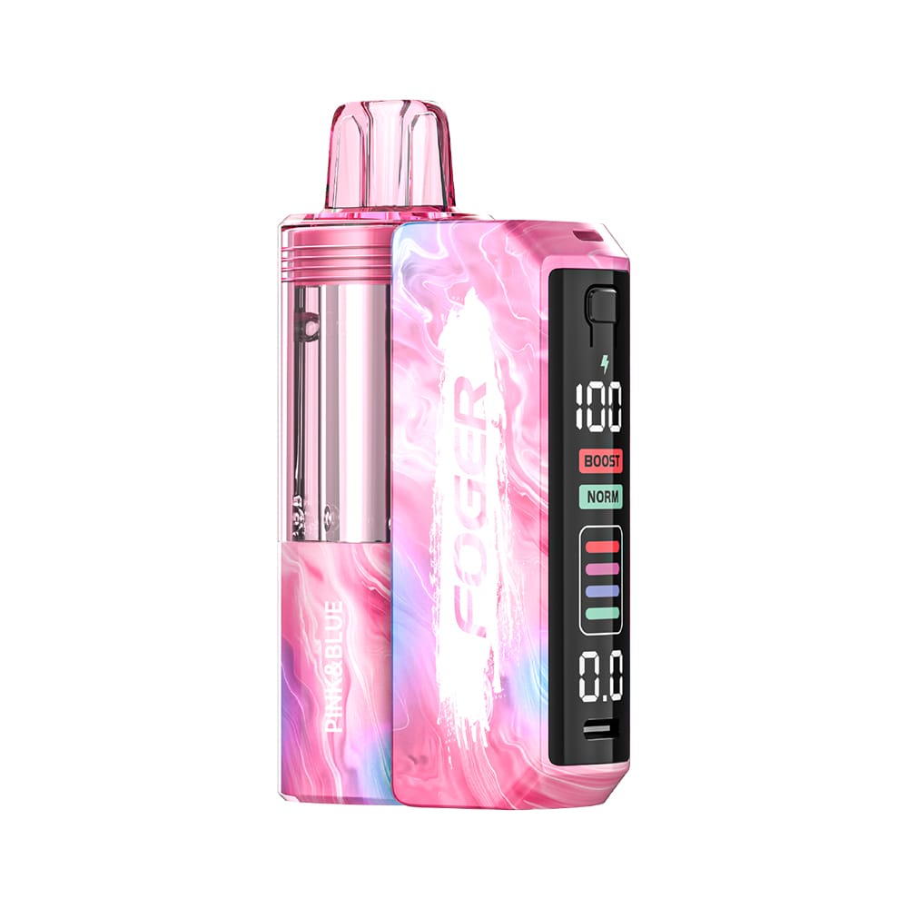 Pink & Blue Foger Switch Pro Kit 30K A Pink & Blue Foger Switch Pro Kit 30K disposable vape with cotton candy and blue raspberry artwork on a pastel background. by Vape4Less.