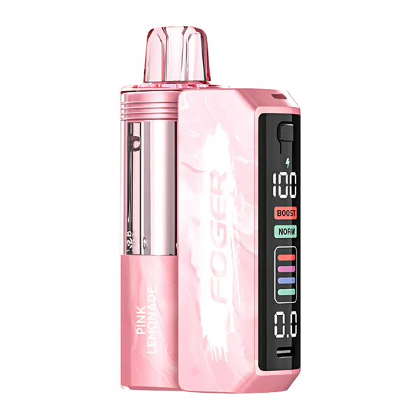 A Pink Lemonade Foger Switch Pro Kit 30K disposable vape with pink lemonade and citrus imagery on a bright background. by Vape4Less.