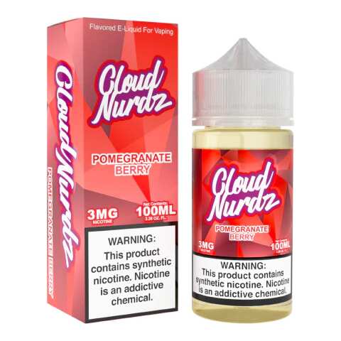 A 100ml Pomegranate Berry Cloud Nurdz 100ml bottle with graphic of pomegranates and mixed berries by Vape4Less.