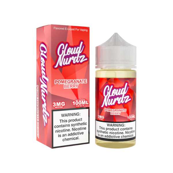 A 100ml Pomegranate Berry Cloud Nurdz 100ml bottle with graphic of pomegranates and mixed berries by Vape4Less.