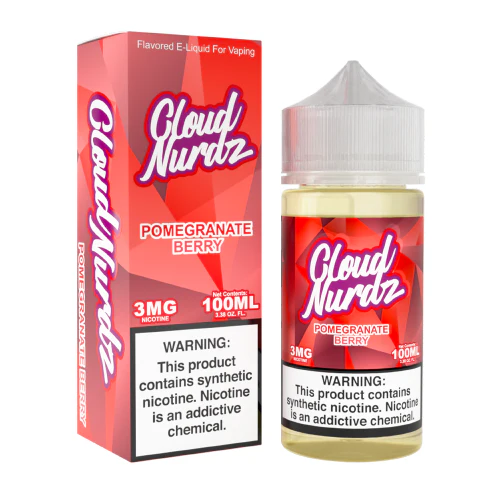 A 100ml Pomegranate Berry Cloud Nurdz 100ml bottle with graphic of pomegranates and mixed berries by Vape4Less.