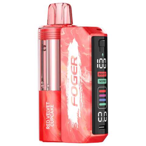 A Red Velvet Cupcake Foger Switch Pro Kit 30K disposable vape with red velvet cupcake imagery and sleek device design. by Vape4Less.