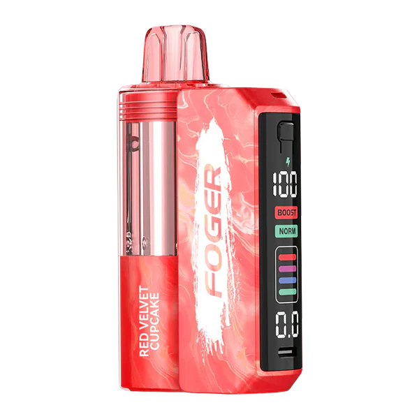 A Red Velvet Cupcake Foger Switch Pro Kit 30K disposable vape with red velvet cupcake imagery and sleek device design. by Vape4Less.