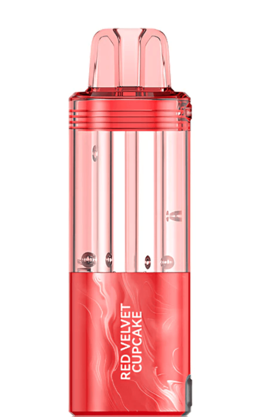 A Red Velvet Cupcake Foger Switch Pro Pod 30K disposable pod with red cake and cream cheese frosting graphic by Vape4Less.
