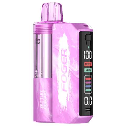 A Skittles Cupcake Foger Switch Pro Kit 30K disposable vape with candy and cupcake graphics and sleek design. by Vape4Less.
