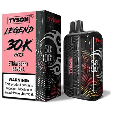 A 16ml Strawberry Banana Tyson 2.0 Legend 30K disposable vape 30000 puffs creamy luscious ripe fruit flavor by Vape4Less.