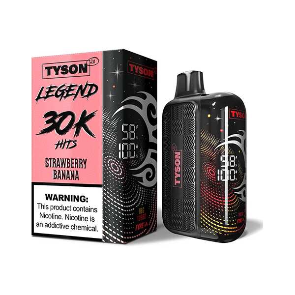 A 16ml Strawberry Banana Tyson 2.0 Legend 30K disposable vape 30000 puffs creamy luscious ripe fruit flavor by Vape4Less.