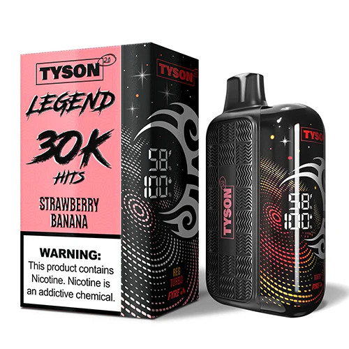 A 16ml Strawberry Banana Tyson 2.0 Legend 30K disposable vape 30000 puffs creamy luscious ripe fruit flavor by Vape4Less.