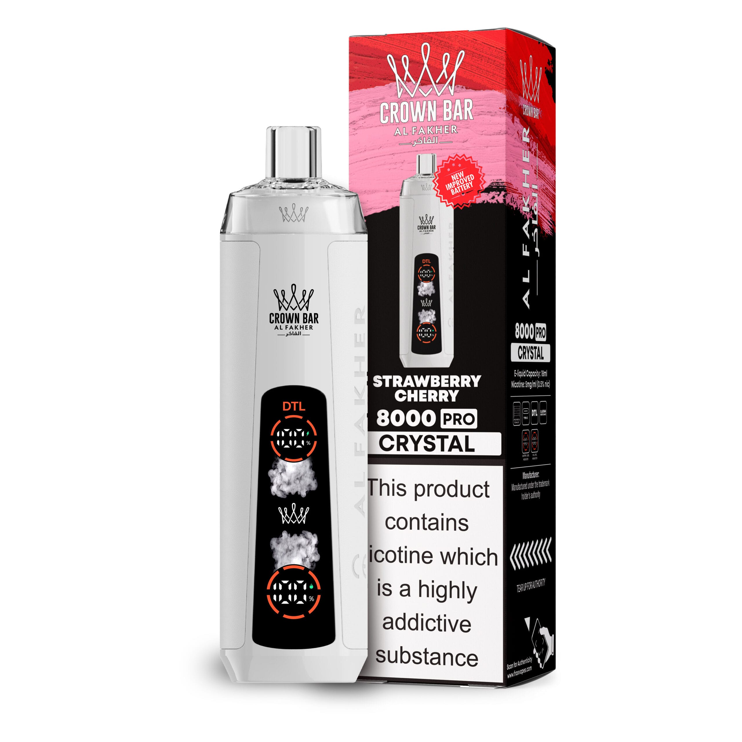 A Strawberry Cherry Al Fakher Crown Bar Pro 8000 DTL vape rich red fruit flavor by Vape4Less.