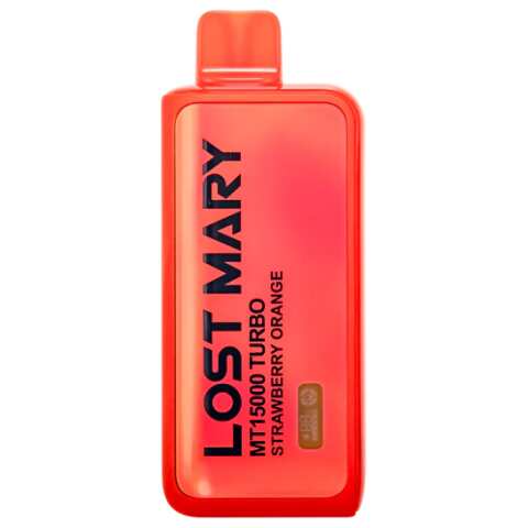 A Strawberry Orange Lost Mary MT15000 Turbo disposable vape with strawberry and orange graphics on colorful background. by Vape4Less.