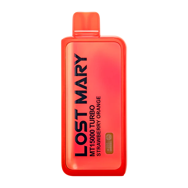 A Strawberry Orange Lost Mary MT15000 Turbo disposable vape with strawberry and orange graphics on colorful background. by Vape4Less.