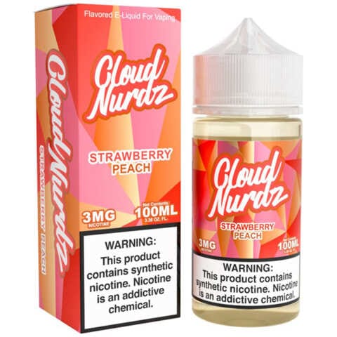 A Strawberry Peach Cloud Nurdz 100ml bottle with graphic of strawberries and peaches over a candy background by Vape4Less.