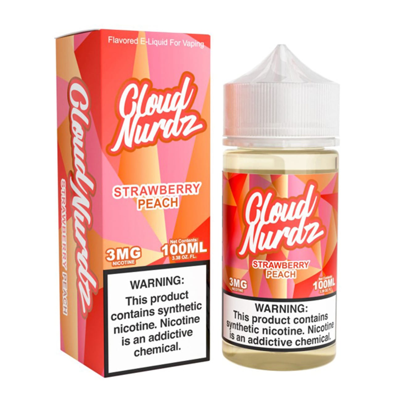 A Strawberry Peach Cloud Nurdz 100ml bottle with graphic of strawberries and peaches over a candy background by Vape4Less.