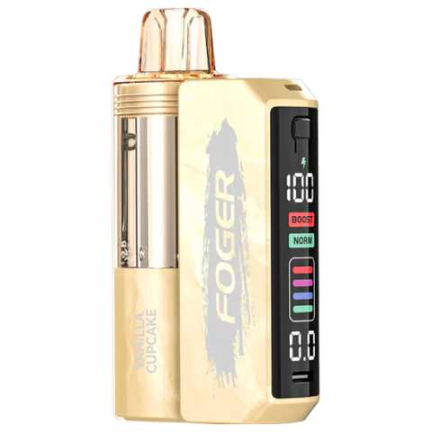 A Vanilla Cupcake Foger Switch Pro Kit 30K showing the detachable vanilla pod and power bank by Vape4Less.