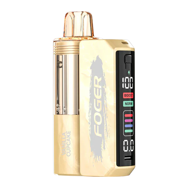A Vanilla Cupcake Foger Switch Pro Kit 30K showing the detachable vanilla pod and power bank by Vape4Less.