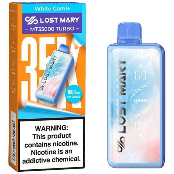 A 18ml White Gami Lost Mary MT35000 Turbo disposable vape 35000 puffs gummy bear candy tropical tart sweet flavor by Vape4Less.