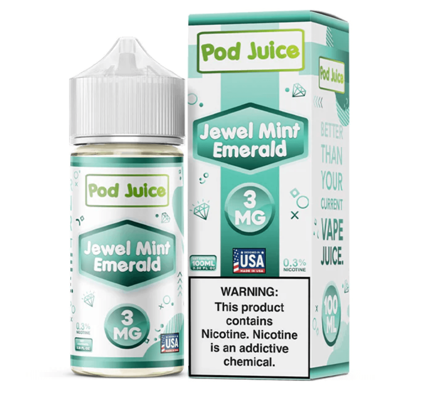 A 30ml bottle of Jewel Mint Emerald Pod Juice sweet mint arctic menthol vape juice salt nic freebase 100ml 30ml bottle by Vape4Less.