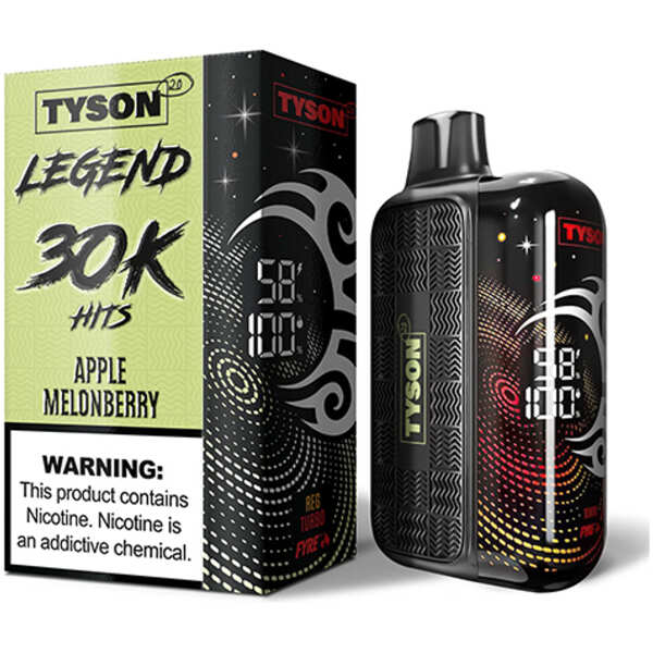 A 16ml Apple Melonberry Tyson 2.0 Legend 30K disposable vape with apple, melon, and berry artwork and LED screen display. by Vape4Less.