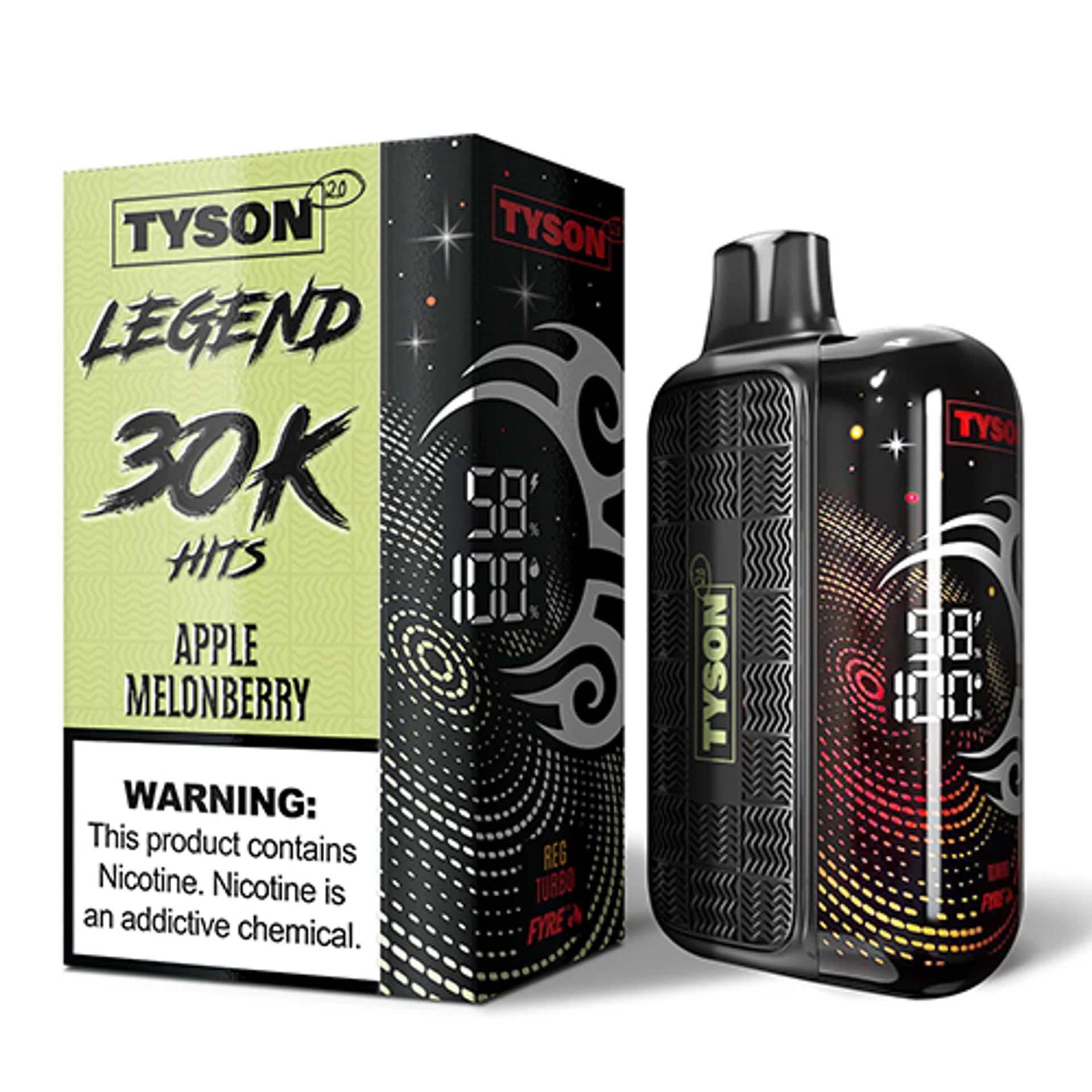 A 16ml Apple Melonberry Tyson 2.0 Legend 30K disposable vape with apple, melon, and berry artwork and LED screen display. by Vape4Less.