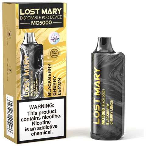 A 5ml Blackberry Cherry Lemon Lost Mary MO5000 disposable vape with blackberry, cherry, and lemon fruit graphics on a clean background. by Vape4Less.