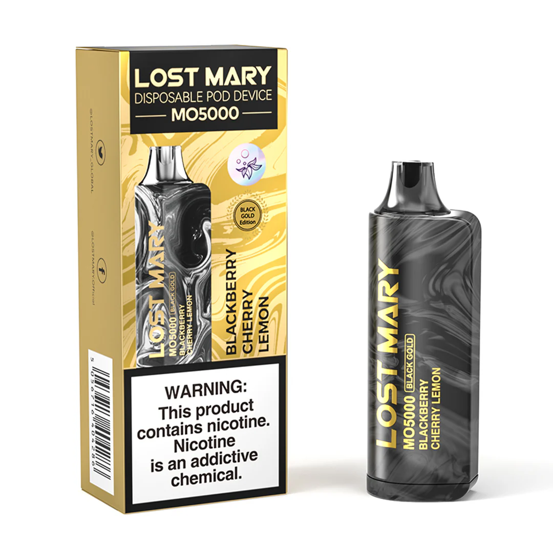 Blackberry-Cherry-Lemon-Lost-Mary-MO5000-1080x1080-PNG A 5ml Blackberry Cherry Lemon Lost Mary MO5000 disposable vape with blackberry, cherry, and lemon fruit graphics on a clean background. by Vape4Less.