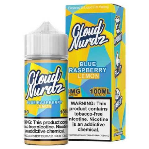 A 100ml Blue Raspberry Lemon Cloud Nurdz 100ml e-liquid bottle with blue raspberry and lemon candy graphics. by Vape4Less.