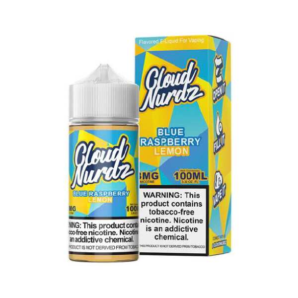 A 100ml Blue Raspberry Lemon Cloud Nurdz 100ml e-liquid bottle with blue raspberry and lemon candy graphics. by Vape4Less.