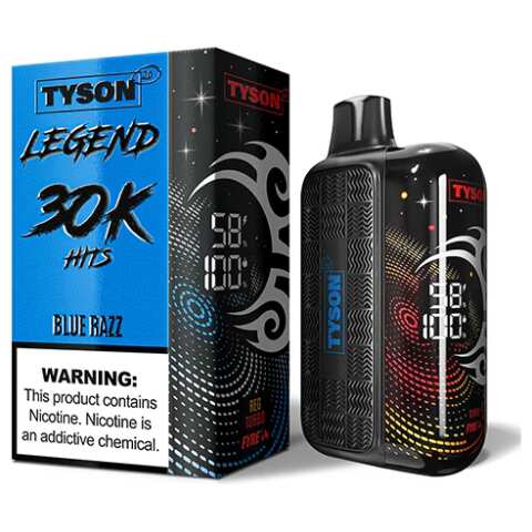 A 16ml Blue Razz Tyson 2.0 Legend 30K disposable vape with blue raspberry artwork and bright LED display. by Vape4Less.