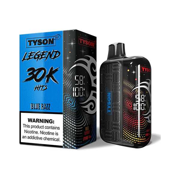 A 16ml Blue Razz Tyson 2.0 Legend 30K disposable vape with blue raspberry artwork and bright LED display. by Vape4Less.