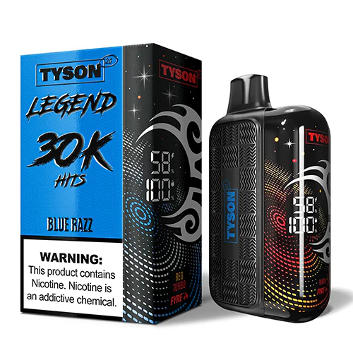 A 16ml Blue Razz Tyson 2.0 Legend 30K disposable vape with blue raspberry artwork and bright LED display. by Vape4Less.