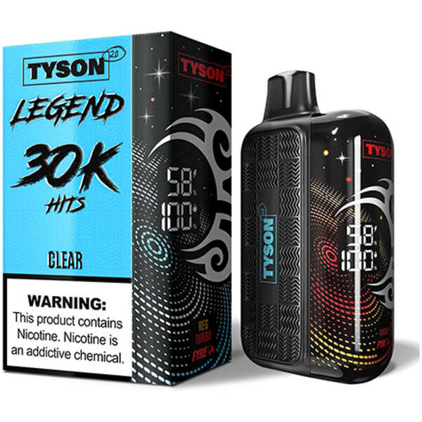A 16ml Clear Tyson 2.0 Legend 30K disposable vape with minimalist design and LED display. by Vape4Less.