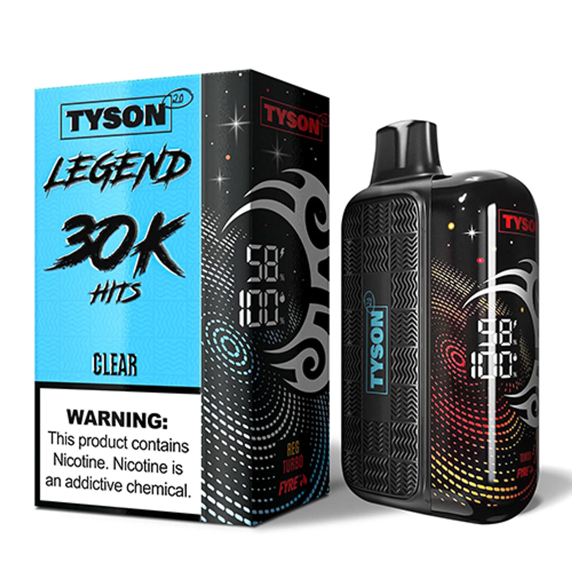 A 16ml Clear Tyson 2.0 Legend 30K disposable vape with minimalist design and LED display. by Vape4Less.
