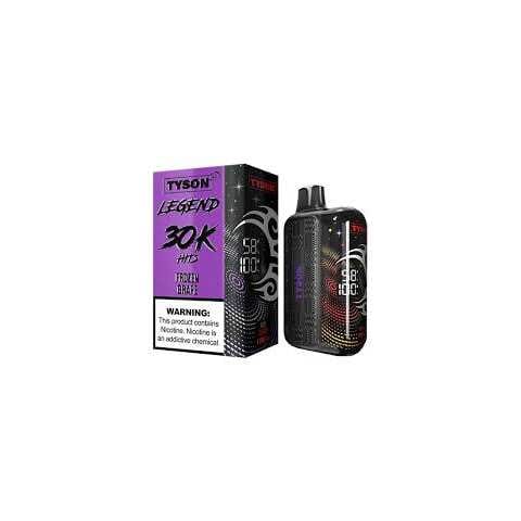 A 16ml Frozen Grape Tyson 2.0 Legend 30K disposable vape with icy grape design and digital display. by Vape4Less.
