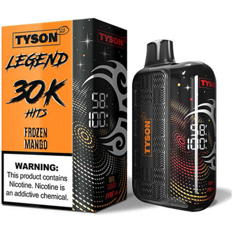 A 16ml Frozen Mango Tyson 2.0 Legend 30K disposable vape with frosty mango artwork and LED display. by Vape4Less.