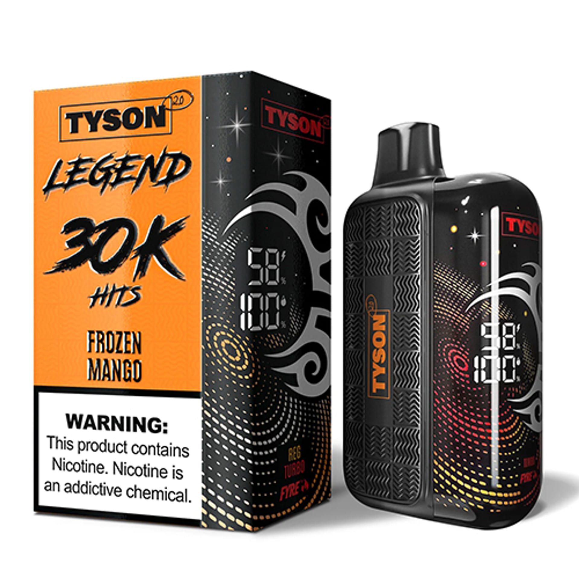 A 16ml Frozen Mango Tyson 2.0 Legend 30K disposable vape with frosty mango artwork and LED display. by Vape4Less.