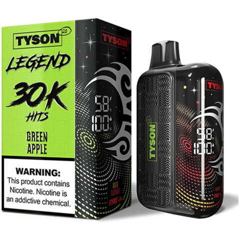 A 16ml Green Apple Tyson 2.0 Legend 30K disposable vape with green apple artwork and digital display. by Vape4Less.
