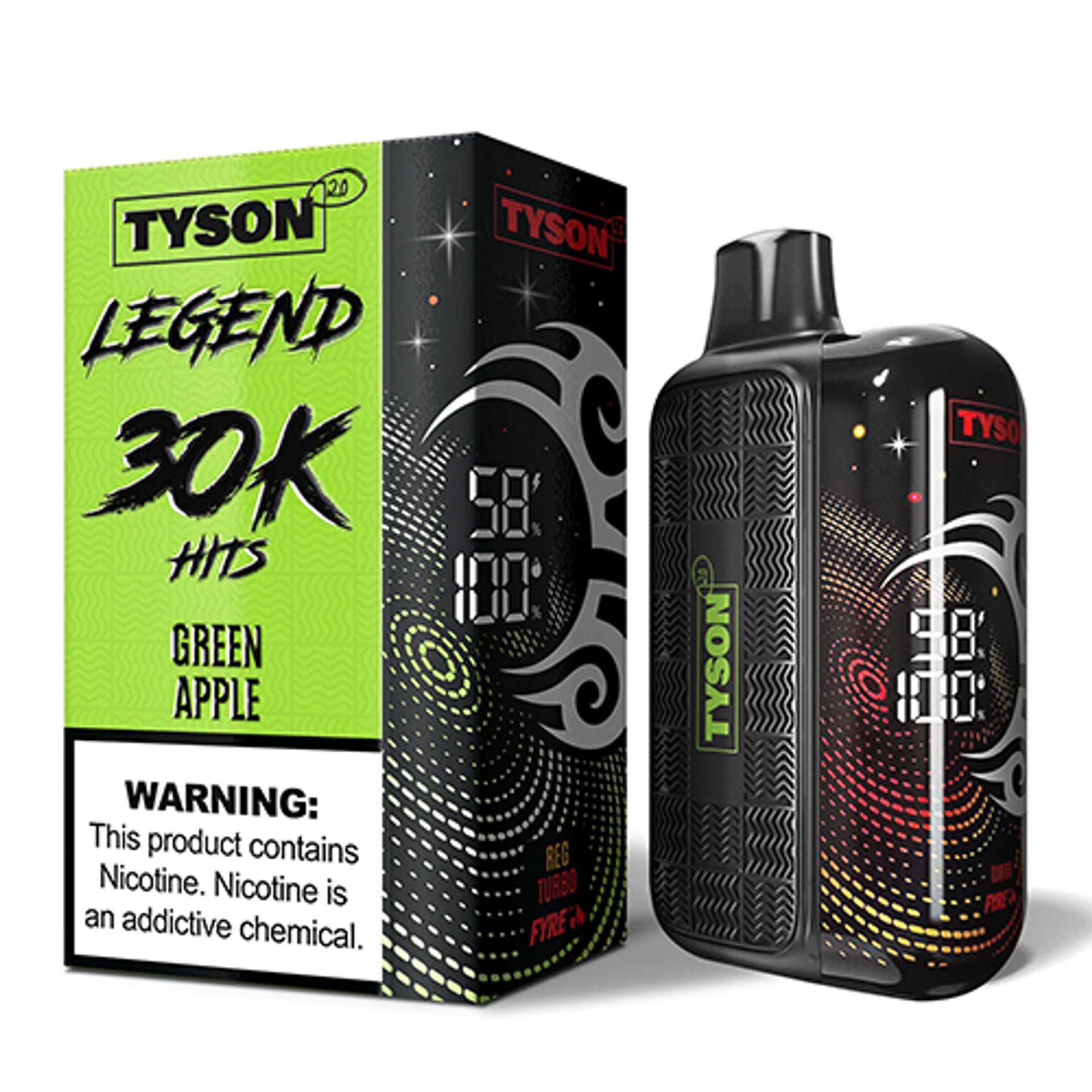 Green Apple Tyson 2.0 Legend 30K A 16ml Green Apple Tyson 2.0 Legend 30K disposable vape with green apple artwork and digital display. by Vape4Less.