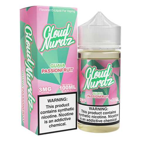 A 100ml Guava Passionfruit Cloud Nurdz 100ml e-liquid bottle with guava and passionfruit candy graphics. by Vape4Less.