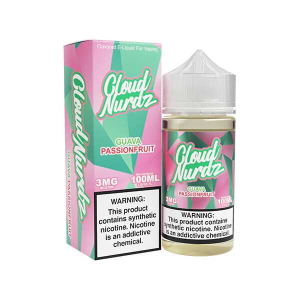 A 100ml Guava Passionfruit Cloud Nurdz 100ml e-liquid bottle with guava and passionfruit candy graphics. by Vape4Less.