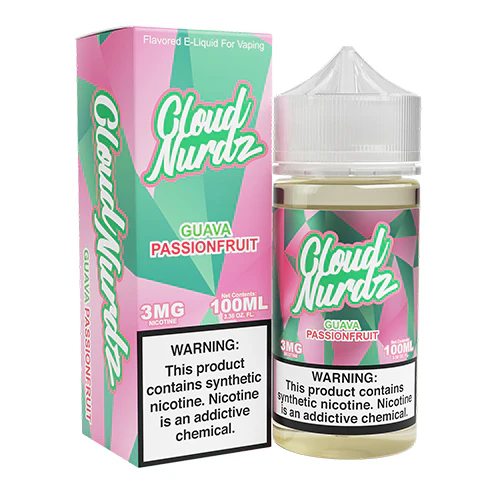 A 100ml Guava Passionfruit Cloud Nurdz 100ml e-liquid bottle with guava and passionfruit candy graphics. by Vape4Less.