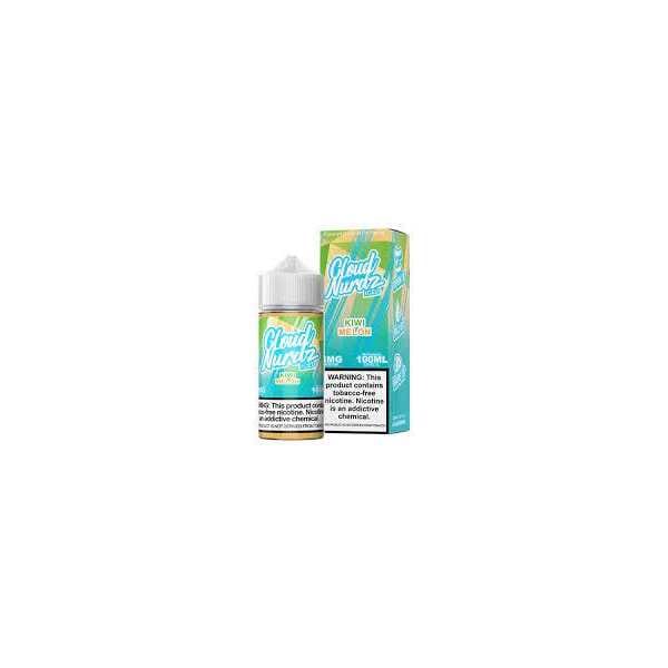 A 100ml Iced Melon Kiwi Cloud Nurdz 100ml e-liquid bottle with melon, kiwi, and icy mint-style graphics. by Vape4Less.