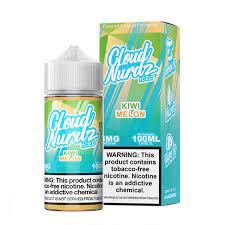 A 100ml Iced Melon Kiwi Cloud Nurdz 100ml e-liquid bottle with melon, kiwi, and icy mint-style graphics. by Vape4Less.