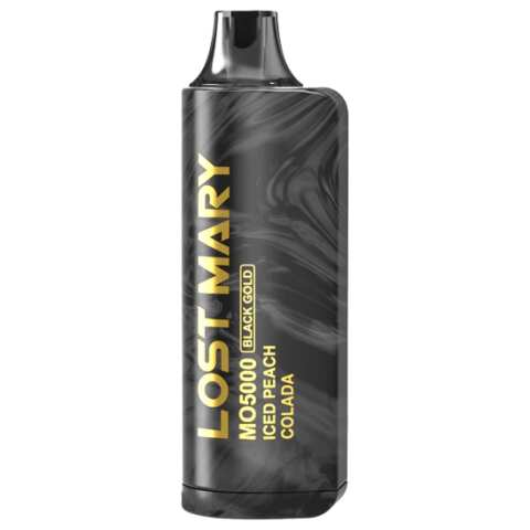 A 5ml Iced Peach Colada Lost Mary MO5000 disposable vape with peach, colada, and icy themed design. by Vape4Less.