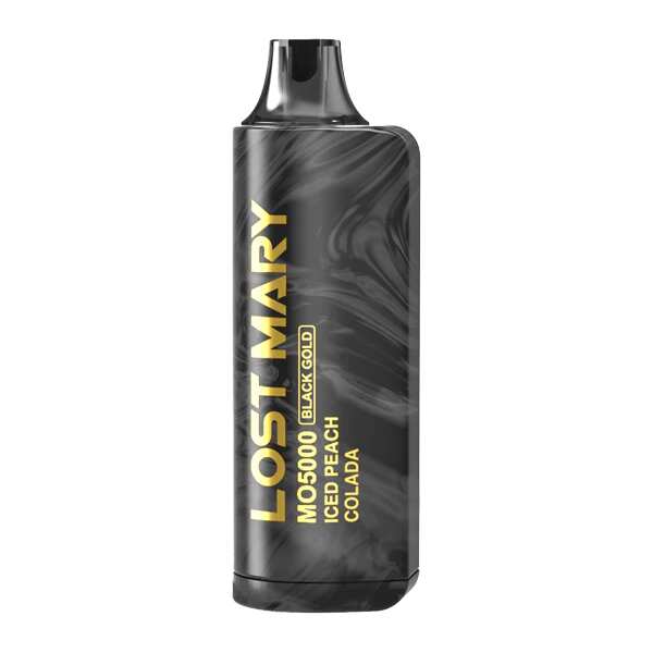 A 5ml Iced Peach Colada Lost Mary MO5000 disposable vape with peach, colada, and icy themed design. by Vape4Less.