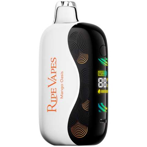 A 18ml Mango Oasis Ripe Vapes Oak 35K disposable vape with tropical mango-themed design. by Vape4Less.
