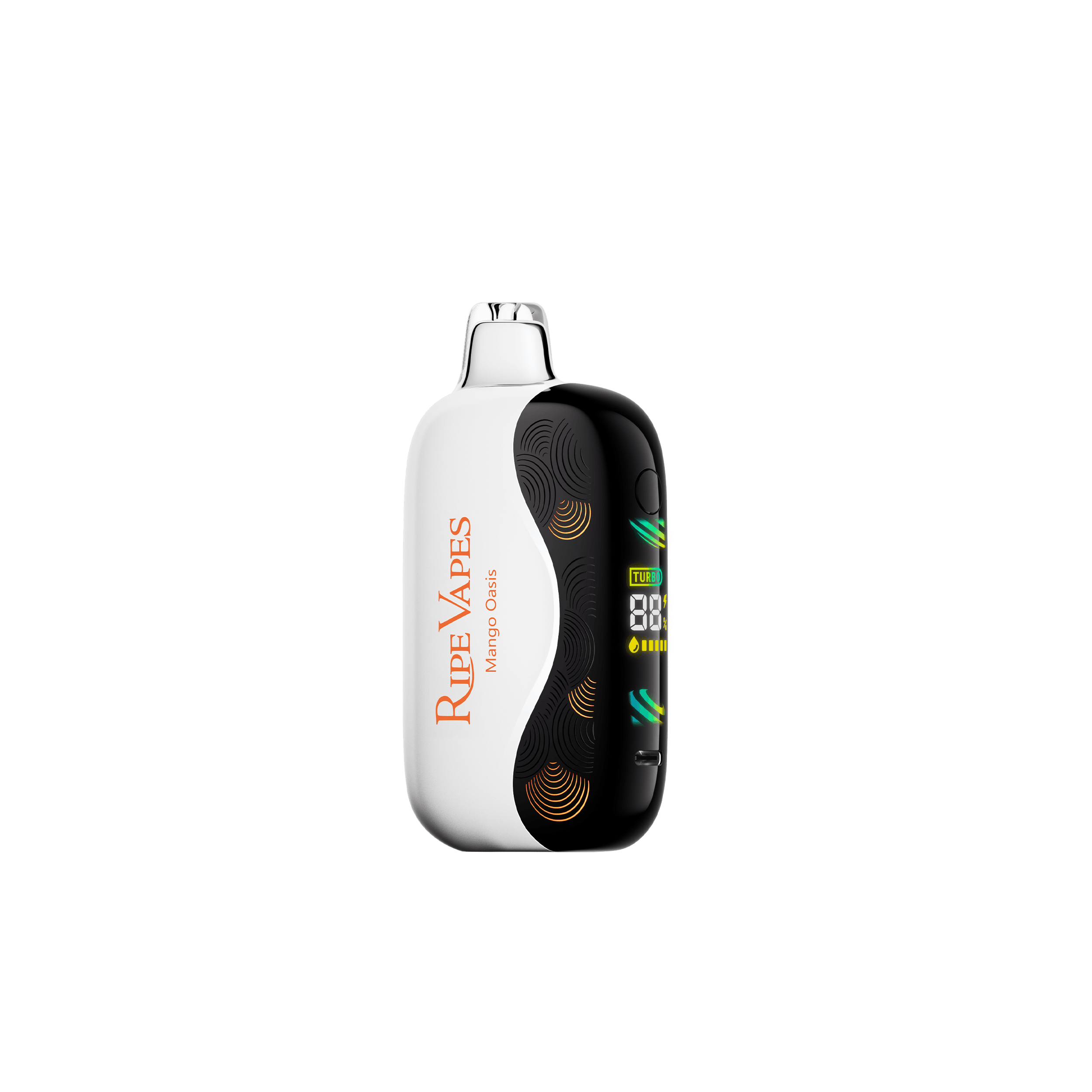 Mango Oasis_Oak18000_NEW OAK_WEBver_2500x2500_Front and Screen_Transparent BG A 18ml Mango Oasis Ripe Vapes Oak 35K disposable vape with tropical mango-themed design. by Vape4Less.